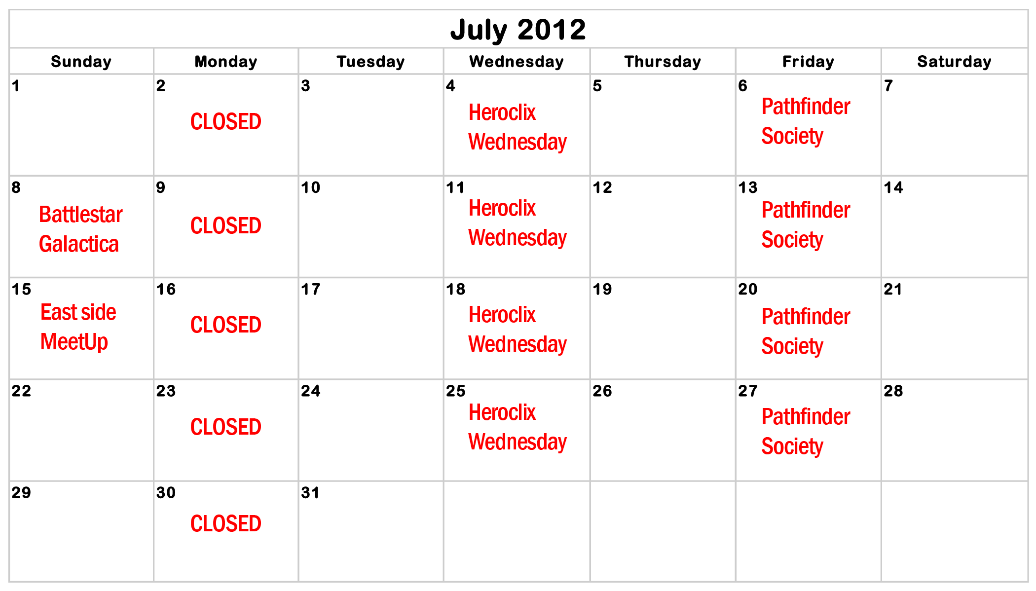 July Calendar of Gaming Events