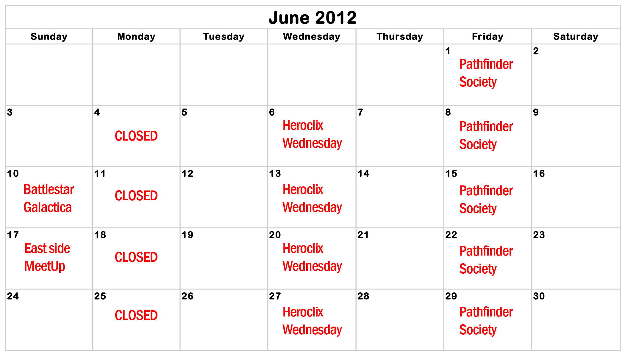 June Calendar of Gaming Events