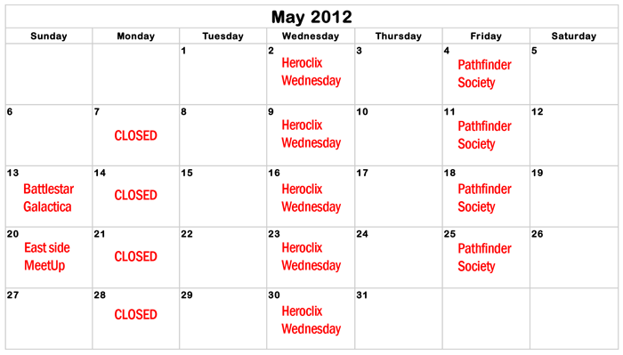 May Calendar of Gaming Events